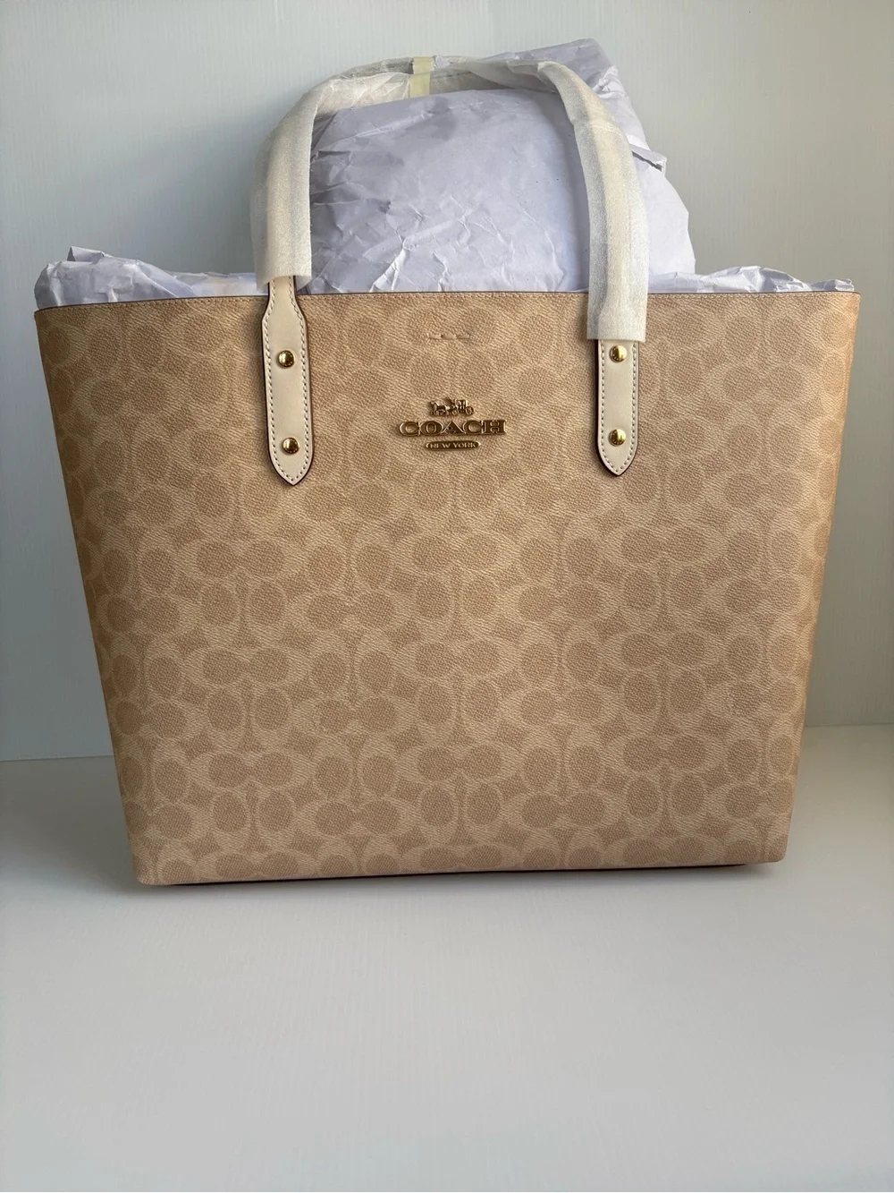 Coach Town Tote in Signature Coated Canvas # CBQ46 Khaki/Chalk Shoulder Bag XL